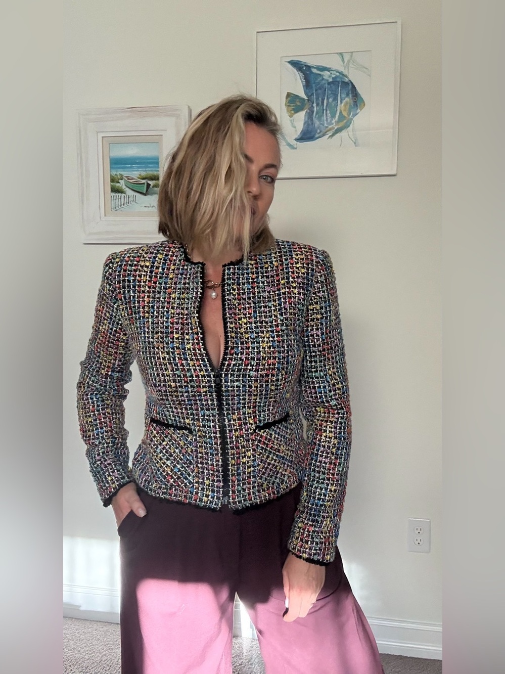 Vintage Anthracite Tweed Jacket Women Size 6 Multicolor Chanel Style Blazer - Picture 6 of 12